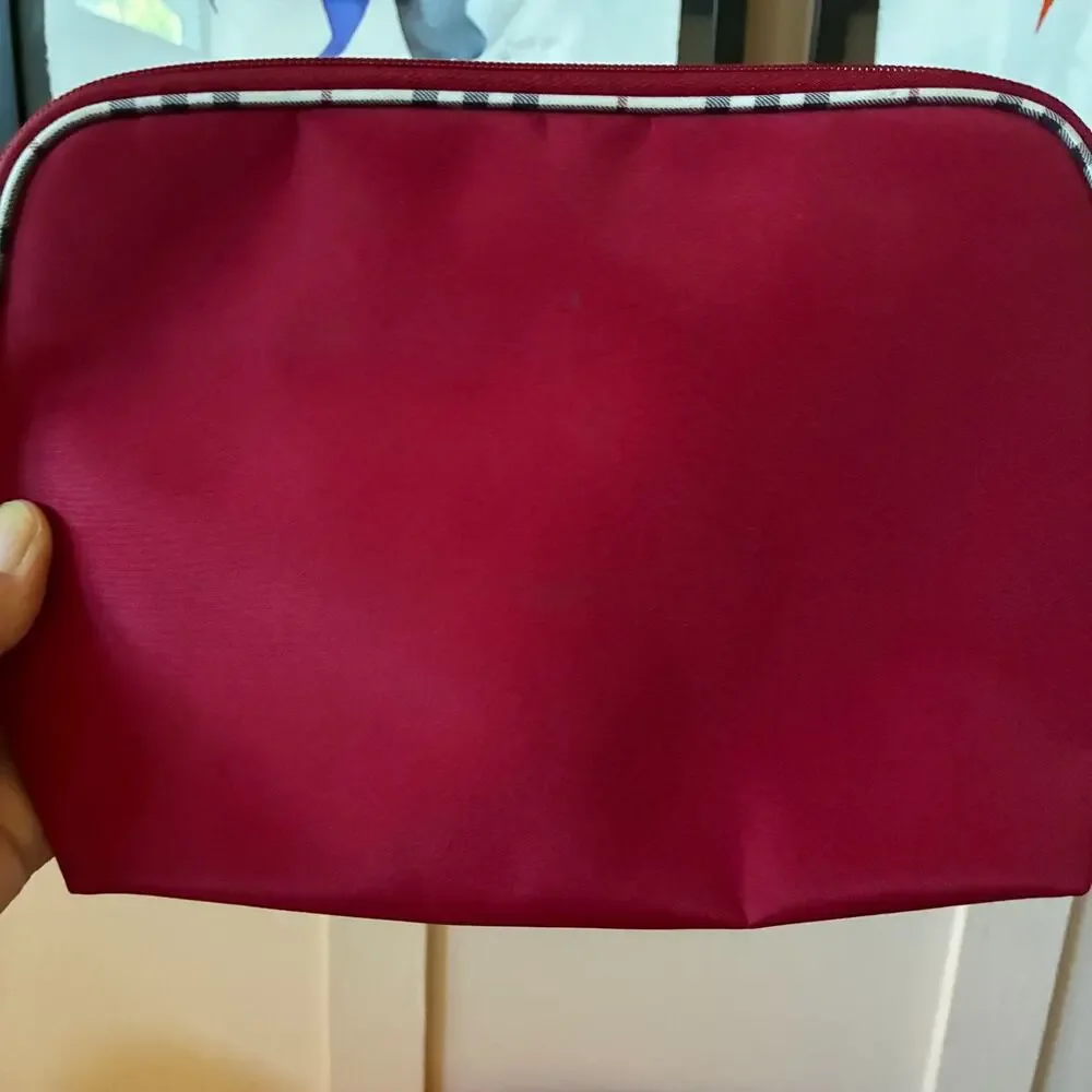 Burberry Fragrance Zip Plaid Detail Makeup/Cosmetic Bag Burgundy